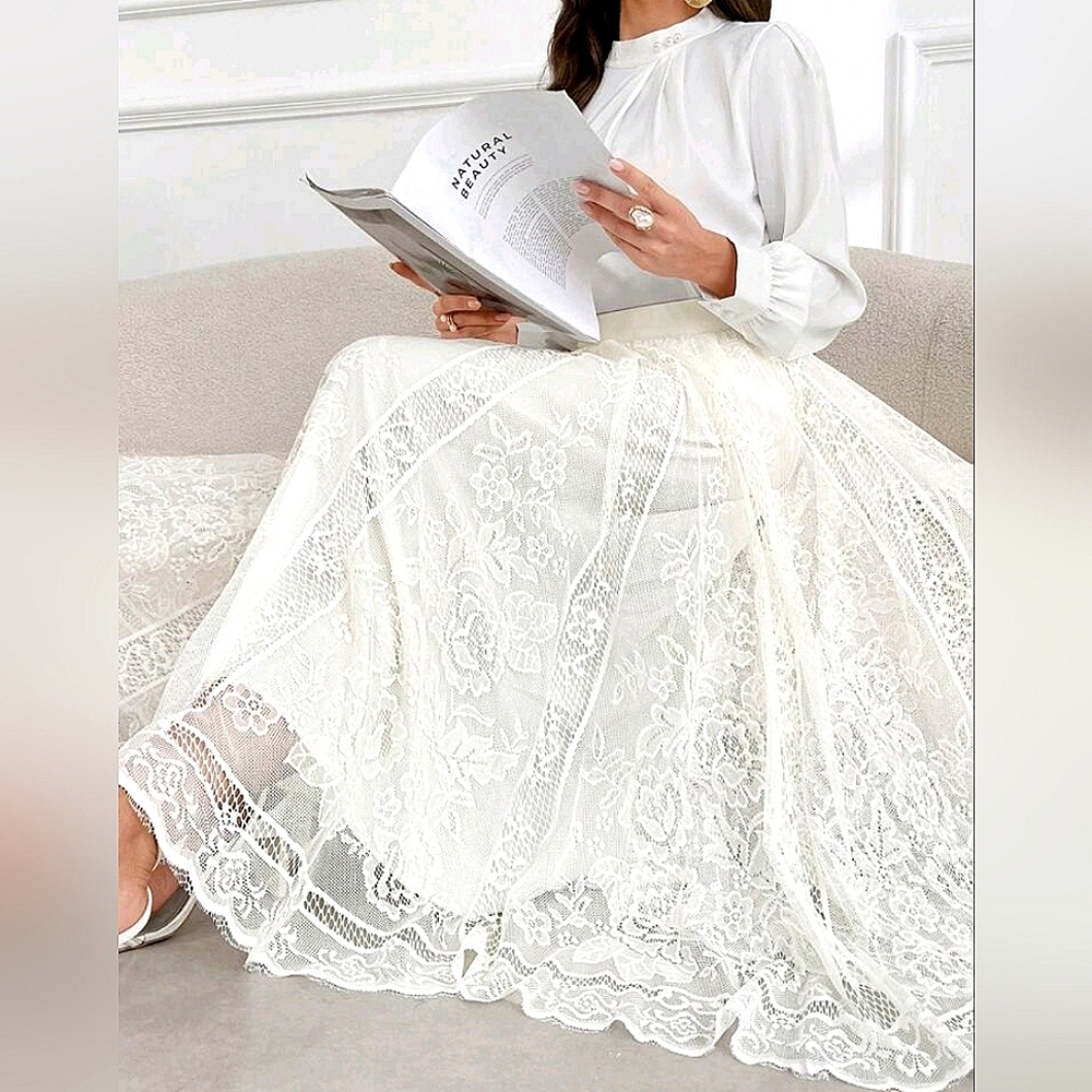 New Sheer Floral Lace Long Skirt Cream Off White Ivory